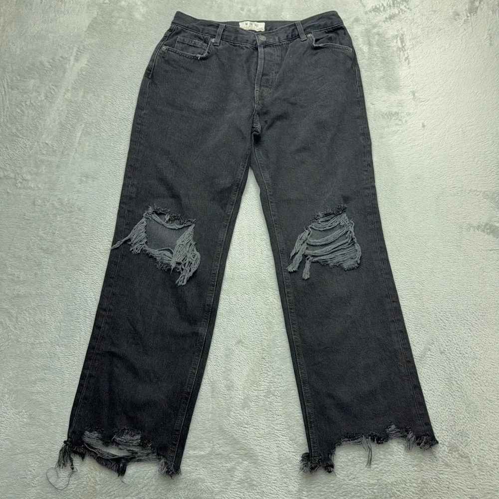 Free People Jeans Womens 27 Black We The Free Distressed Straight Leg Raw Hem
